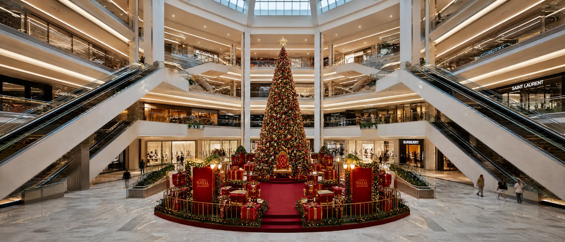 Árvore de Natal monumental em átrio de shopping