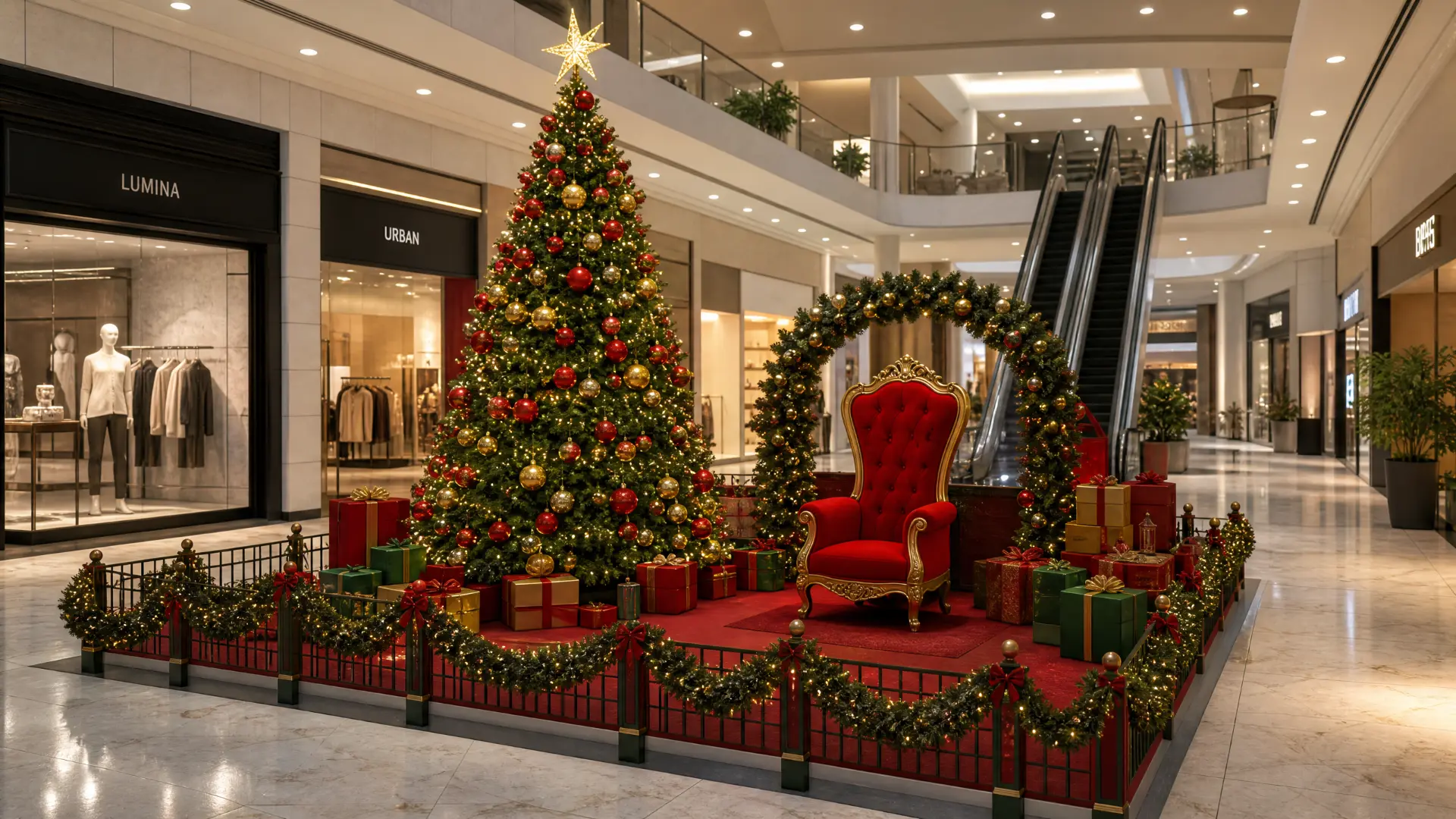 Trono tradicional do Papai Noel ao lado da árvore de Natal
