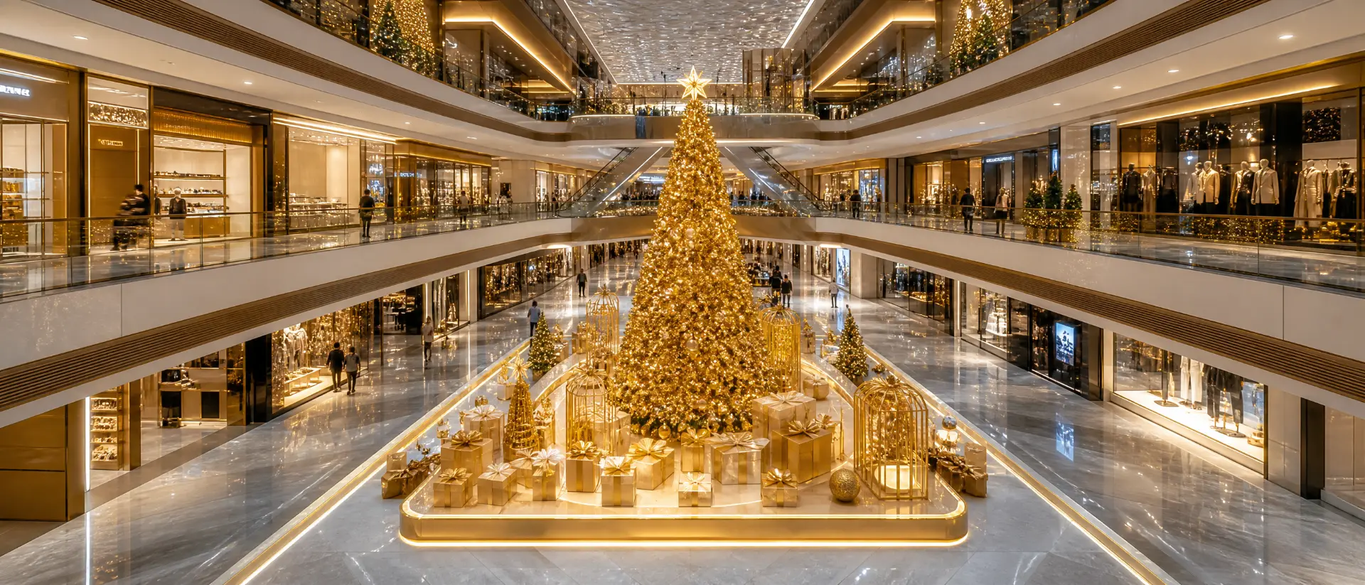 Átrio de shopping com decoração natalina dourada