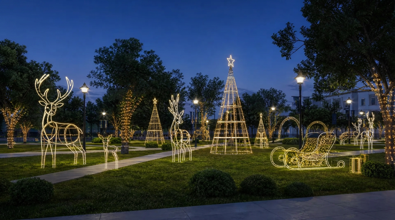 Renas luminosas em decoração natalina externa ao anoitecer